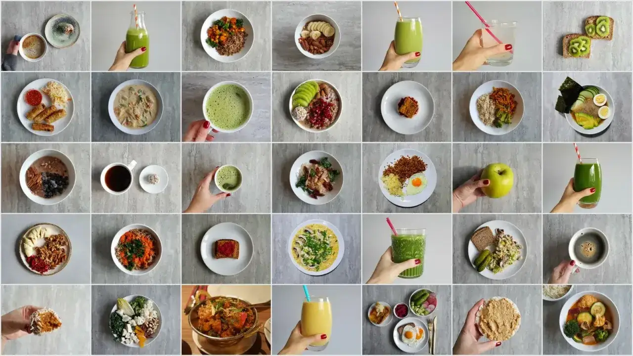 Kolaż zdrowych posiłków i napojów, idealny jako inspiracja na menu dla cukrzyka. Znajdziesz tu sałatki, smoothie, owsianki i inne lekkie dania.