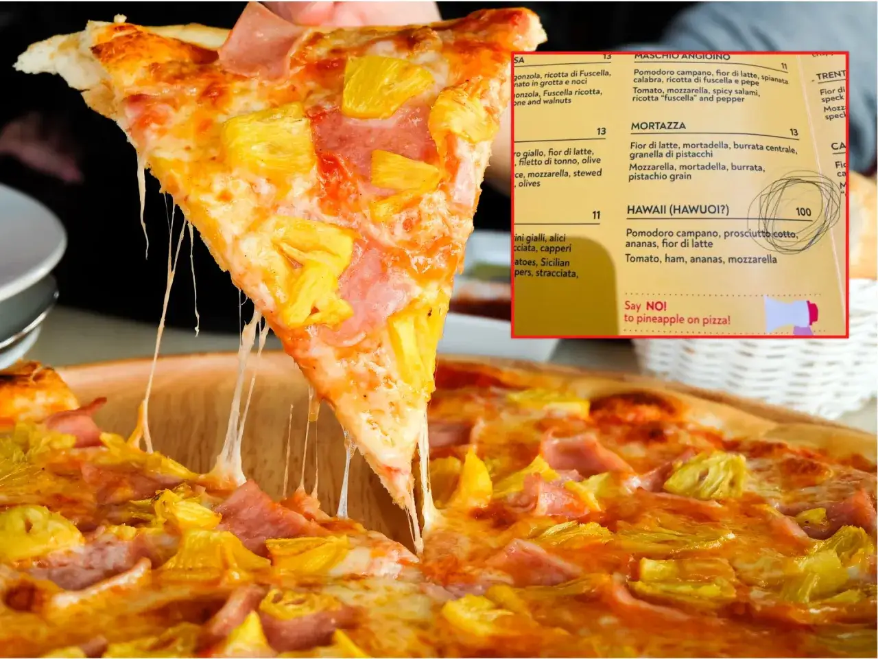Kto wymyślił pizzę hawajską? Menu pokazuje tę pizzę z ananasem i szynką, ale też hasło 