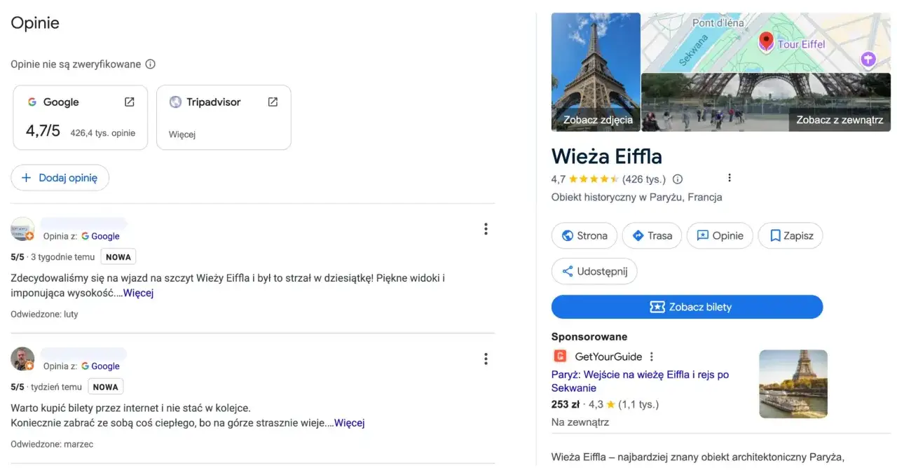 Widok na Wieżę Eiffla i opinie użytkowników. Zastanawiasz się, dlaczego Twoja opinia w Google nie jest widoczna?