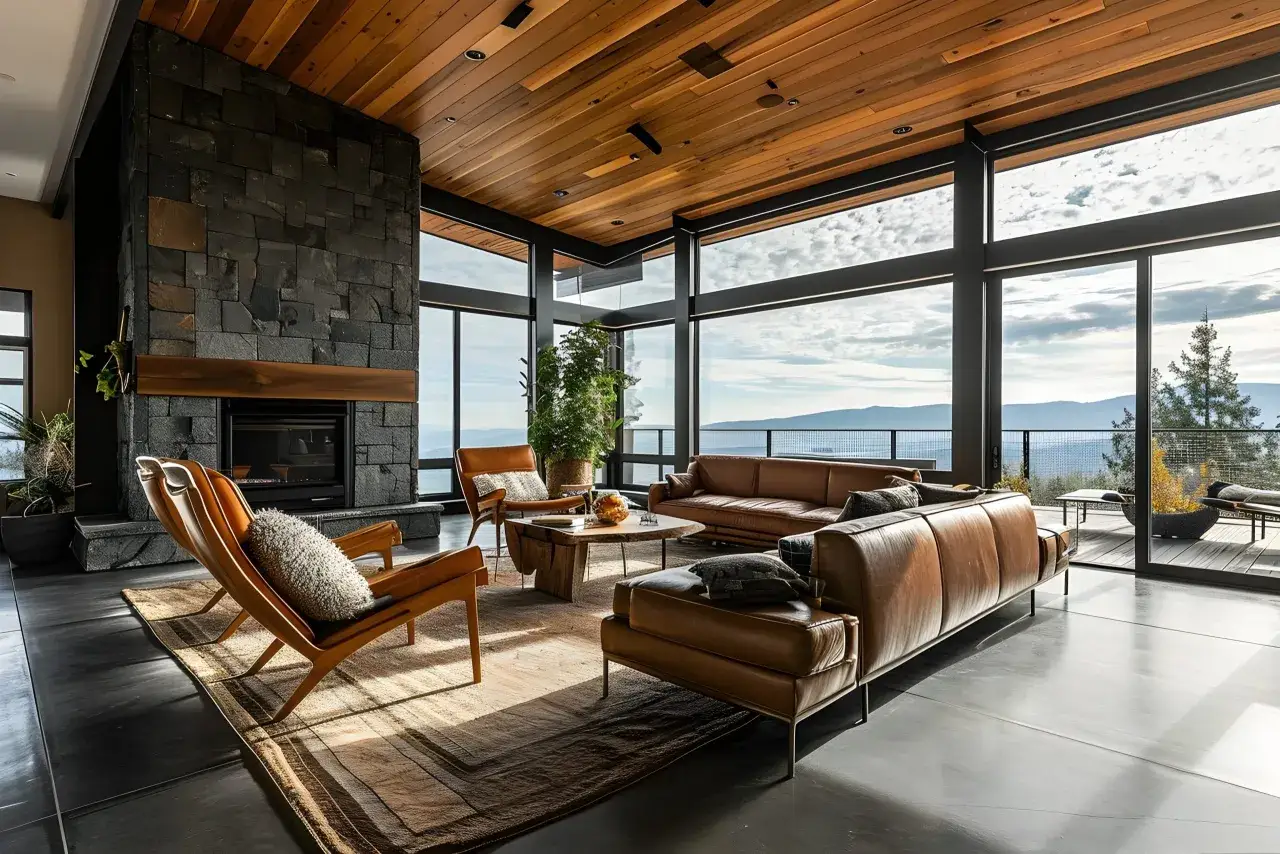 Geräumiges Wohnzimmer mit Ledermöbeln, Kamin aus Naturstein und Holzbalkendecke. Moderne wohn trends mit Panoramablick.