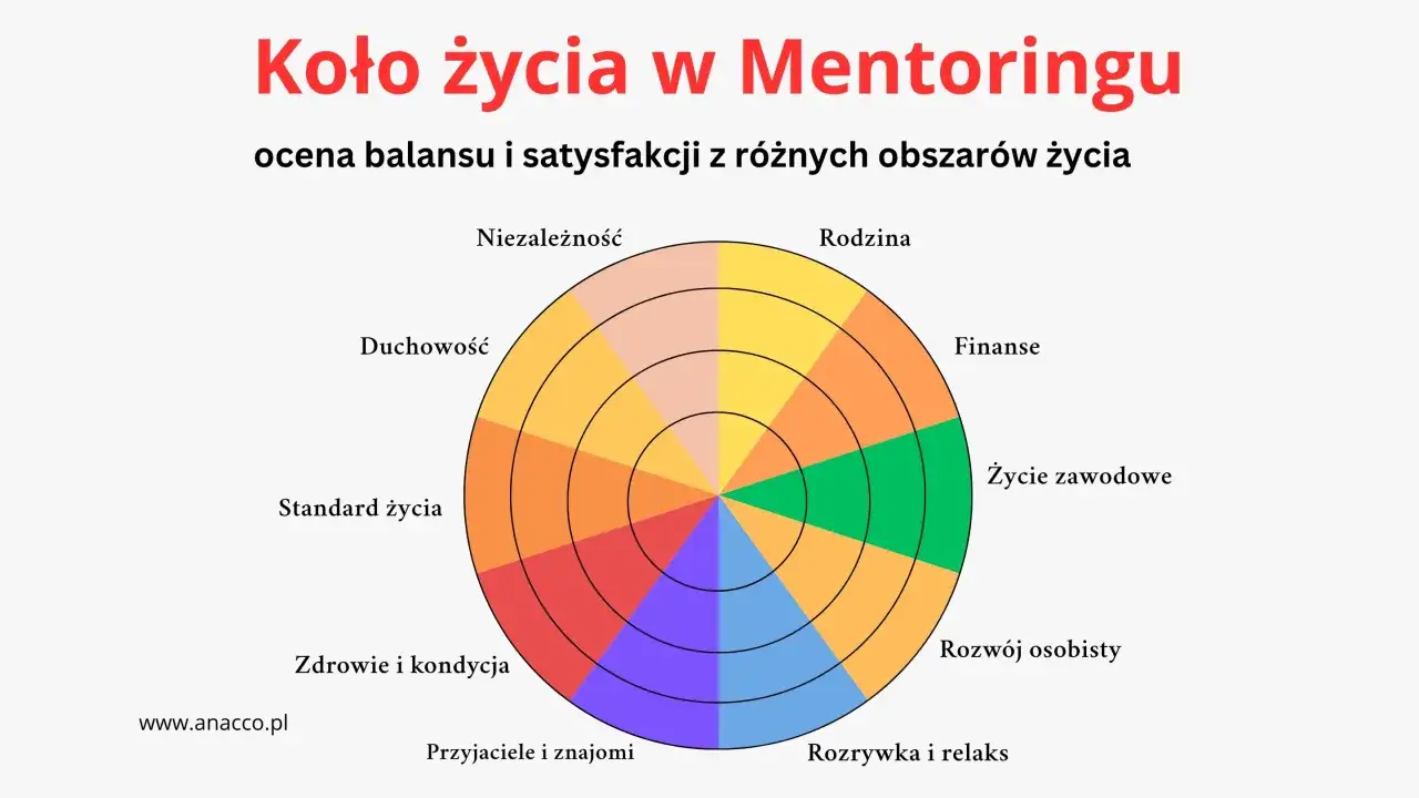 Koło życia pokazuje, jakie można mieć cele w życiu: rodzinę, finanse, karierę, rozw&oacute;j, relaks, przyjaci&oacute;ł, zdrowie, standard życia, duchowość i niezależność.