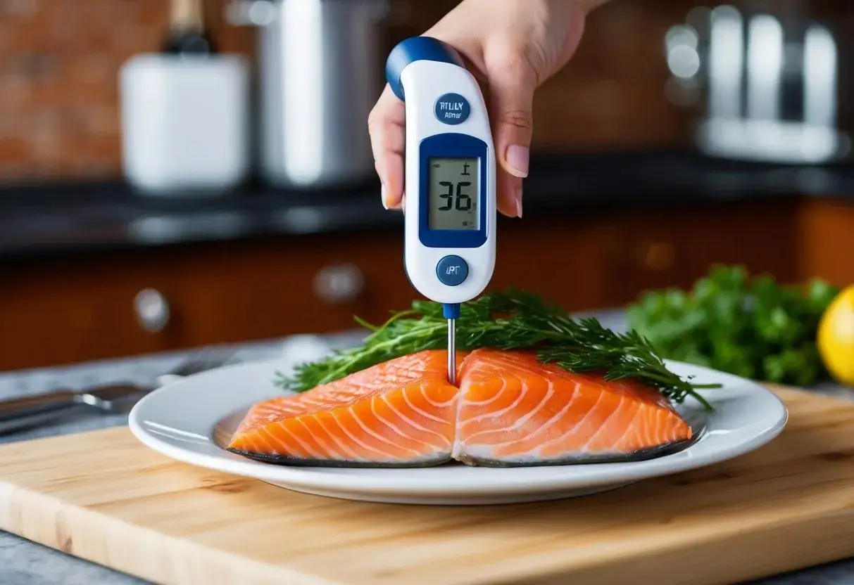 En digital termometer m&auml;ter innertemperaturen p&aring; en saftig laxfil&eacute;, som ligger p&aring; en tallrik med dill.