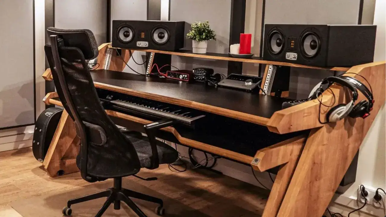 Studiowe monitory EVE AUDIO SC307 na drewnianym biurku, obok klawiatury i słuchawek.