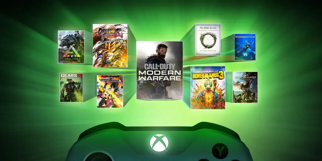 Kolekcja okładek gier na Xbox, w tym Call of Duty, Borderlands 3 i Gears 5, sugerująca darmowe gry Xbox.