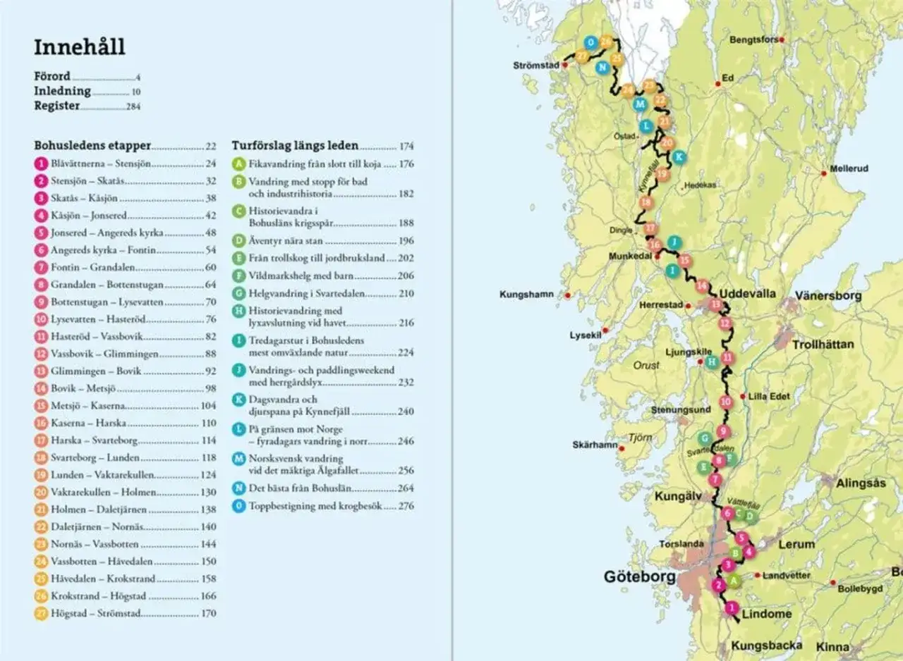 Bohusleden karta visar vandringsleder genom Bohusl&auml;n, med etapper och turf&ouml;rslag.