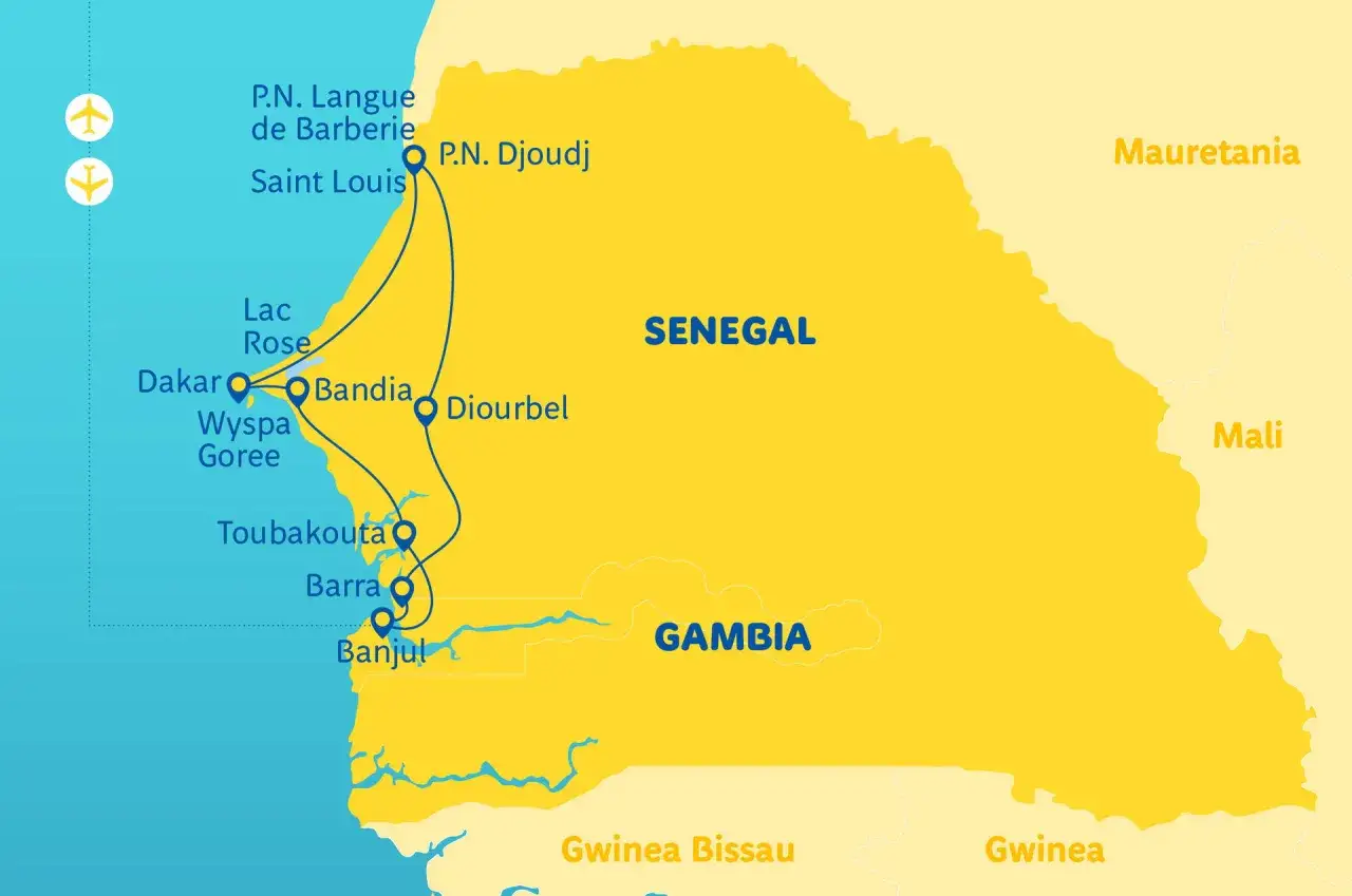 Mapa Gambii i Senegalu z zaznaczonymi trasami podróży, lotniskami i kluczowymi miejscami, takimi jak Dakar, Saint Louis i Banjul.