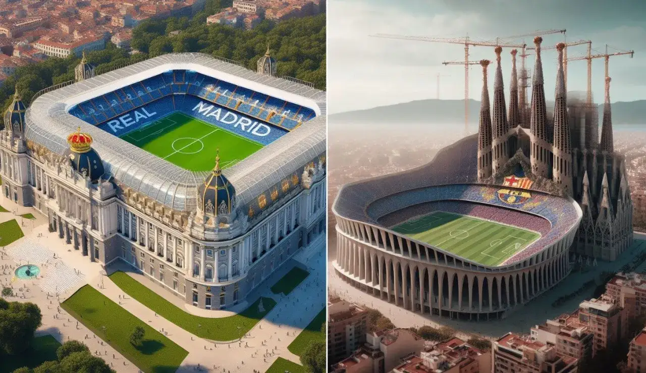 Dwa stadiony piłkarskie: jeden z napisem 