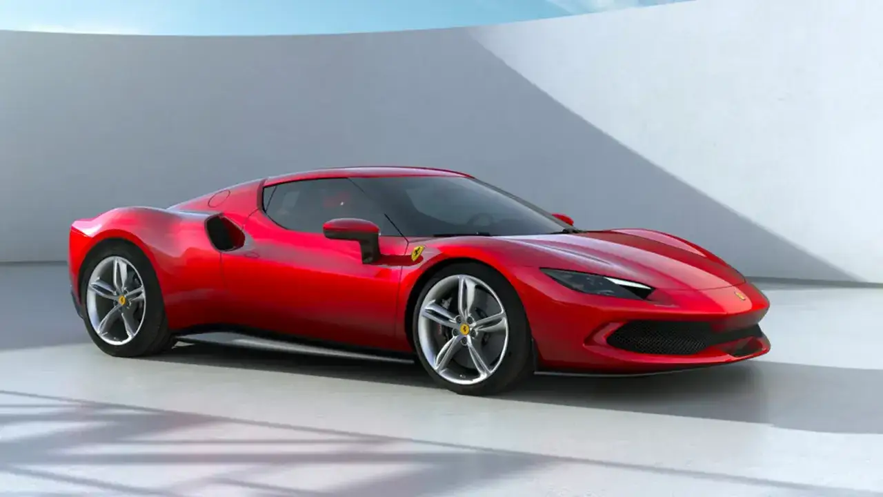 Czerwone Ferrari 296 GTB, następca LaFerrari, błyszczy w studiu, gotowe do jazdy.