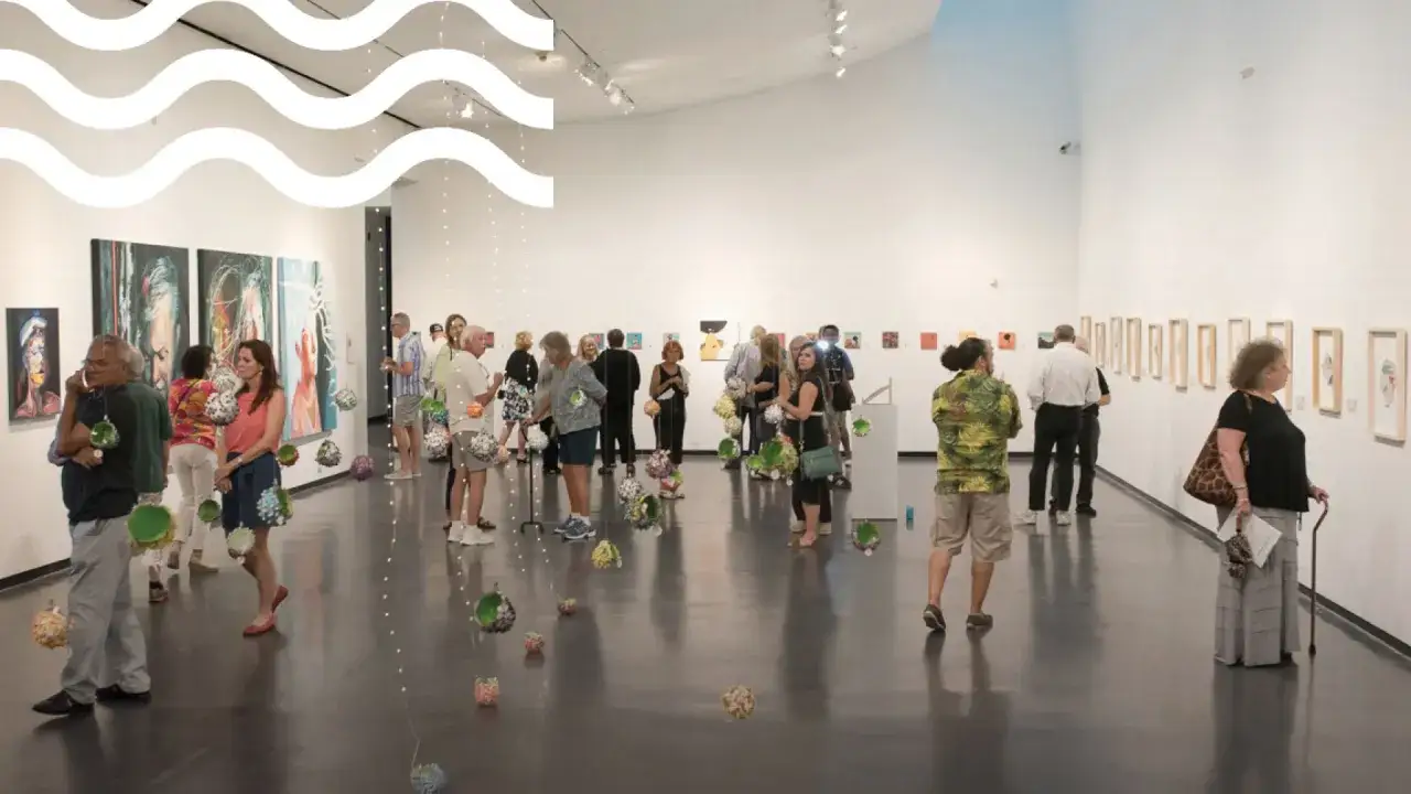 A diverse crowd mingles at an art gallery opening, admiring paintings and sculptures, a vibrant scene showcasing up and coming artists.