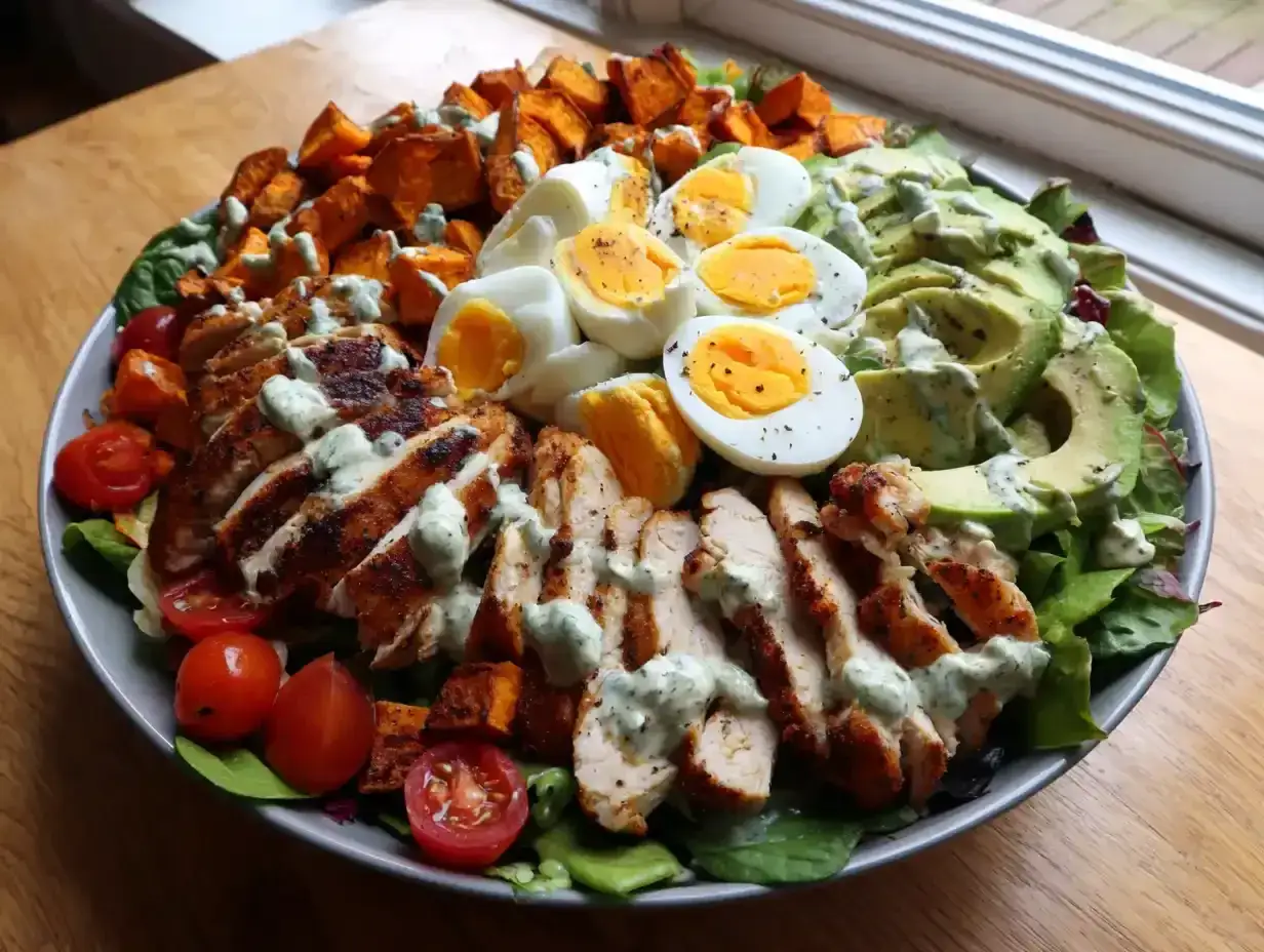 En stor och god sallad med kyckling, &auml;gg, avokado, s&ouml;tpotatis och tomater, toppad med en kr&auml;mig dressing.
