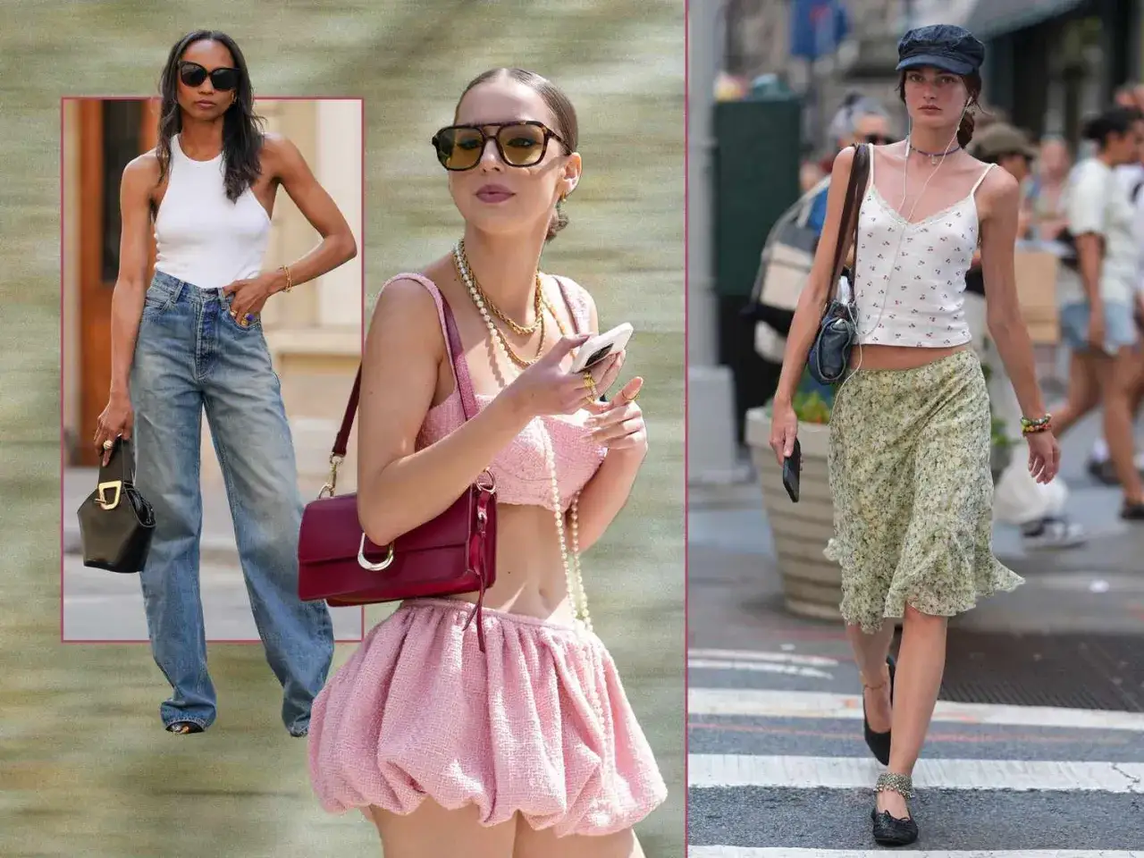 Stylizacje w stylu y2k: jeansy z wysokim stanem, crop topy, błyszczące tkaniny i modne torebki.