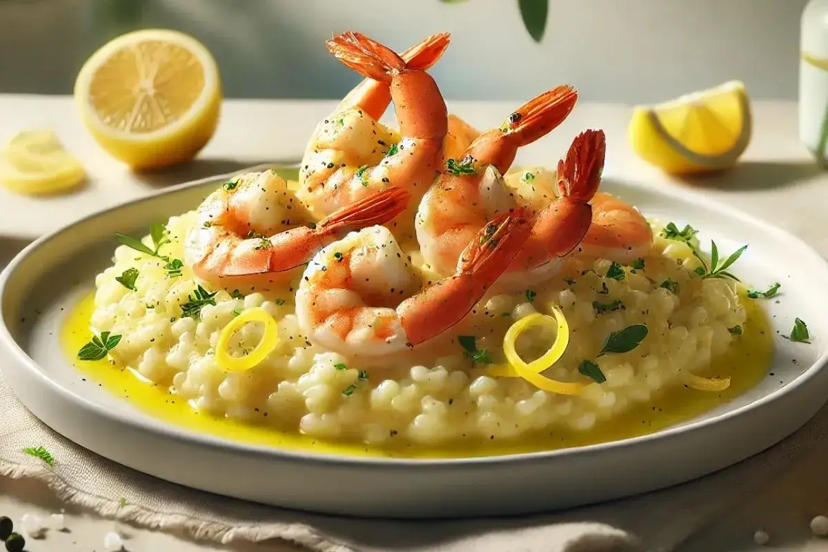 Cremiges Risotto mit Garnelen, garniert mit Zitronenzesten und frischen Kräutern. Ein Genuss für alle Sinne.