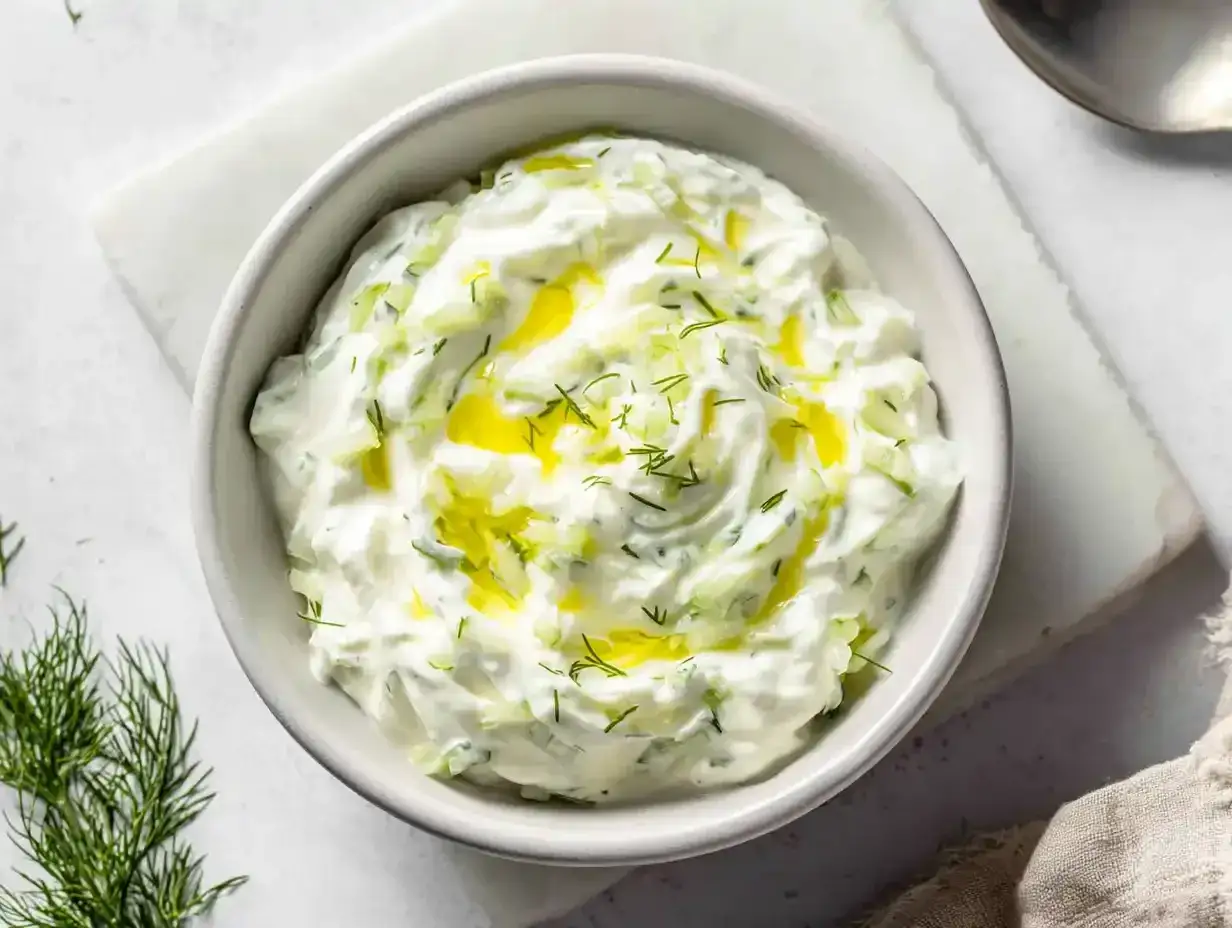 En skål med krämig tzatziki, perfekt för ditt tzatziki recept. Garnerad med olivolja och färsk dill.