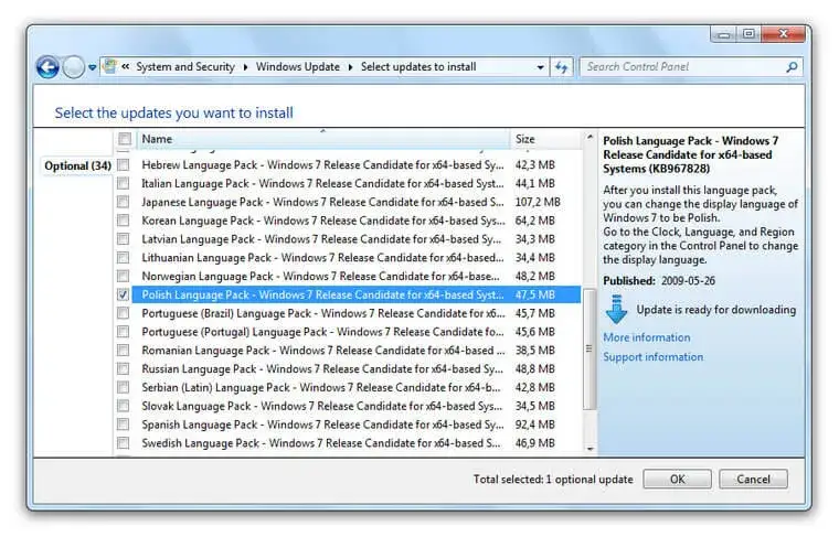 Windows 7 instalowanie języka Windows Update
