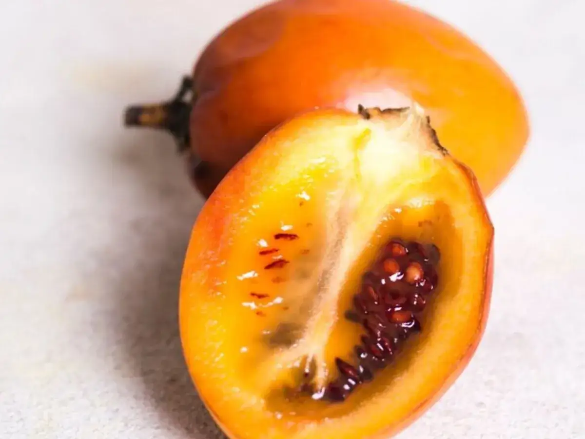 Un tomate de palo cortado por la mitad, mostrando su pulpa anaranjada y semillas oscuras. Otro tomate de palo entero en el fondo.