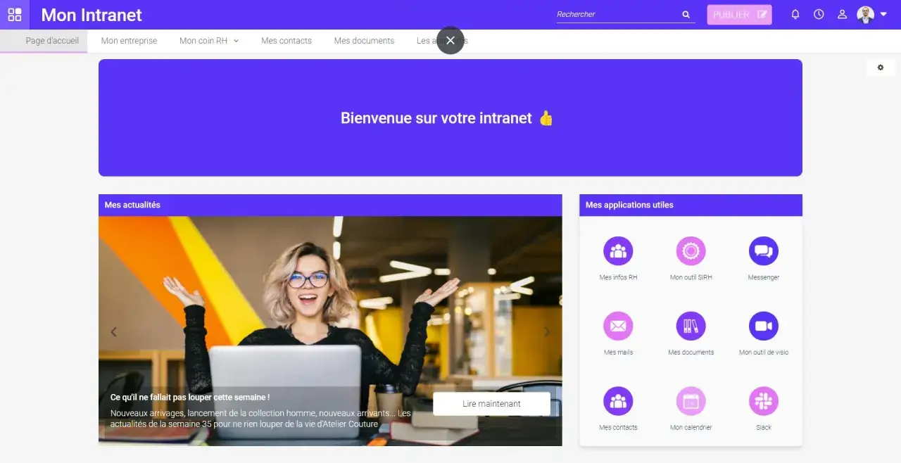 Page d'accueil de l'intranet 