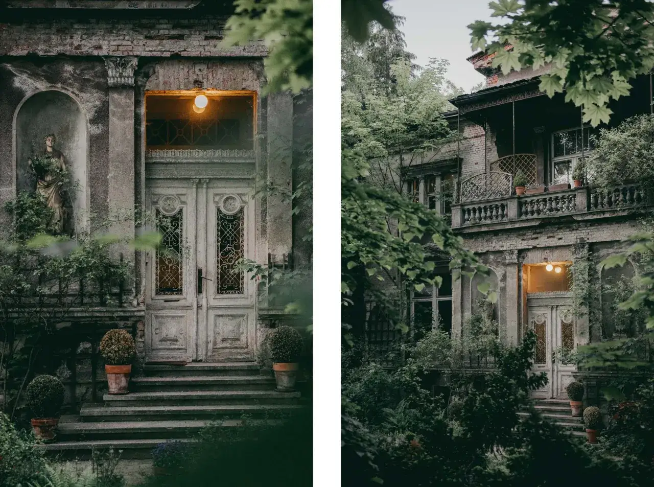 Zaniedbana, lecz wciąż majestatyczna sopocka architektura. Stare drzwi i balkon porośnięte zielenią, tworzą tajemniczy klimat.