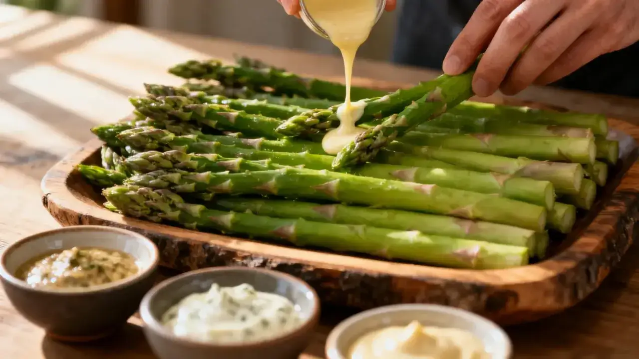 Un plat d'asperges vertes fra&icirc;ches est arros&eacute; d'une sauce onctueuse. Trois petites coupelles de sauces diverses sont dispos&eacute;es devant.