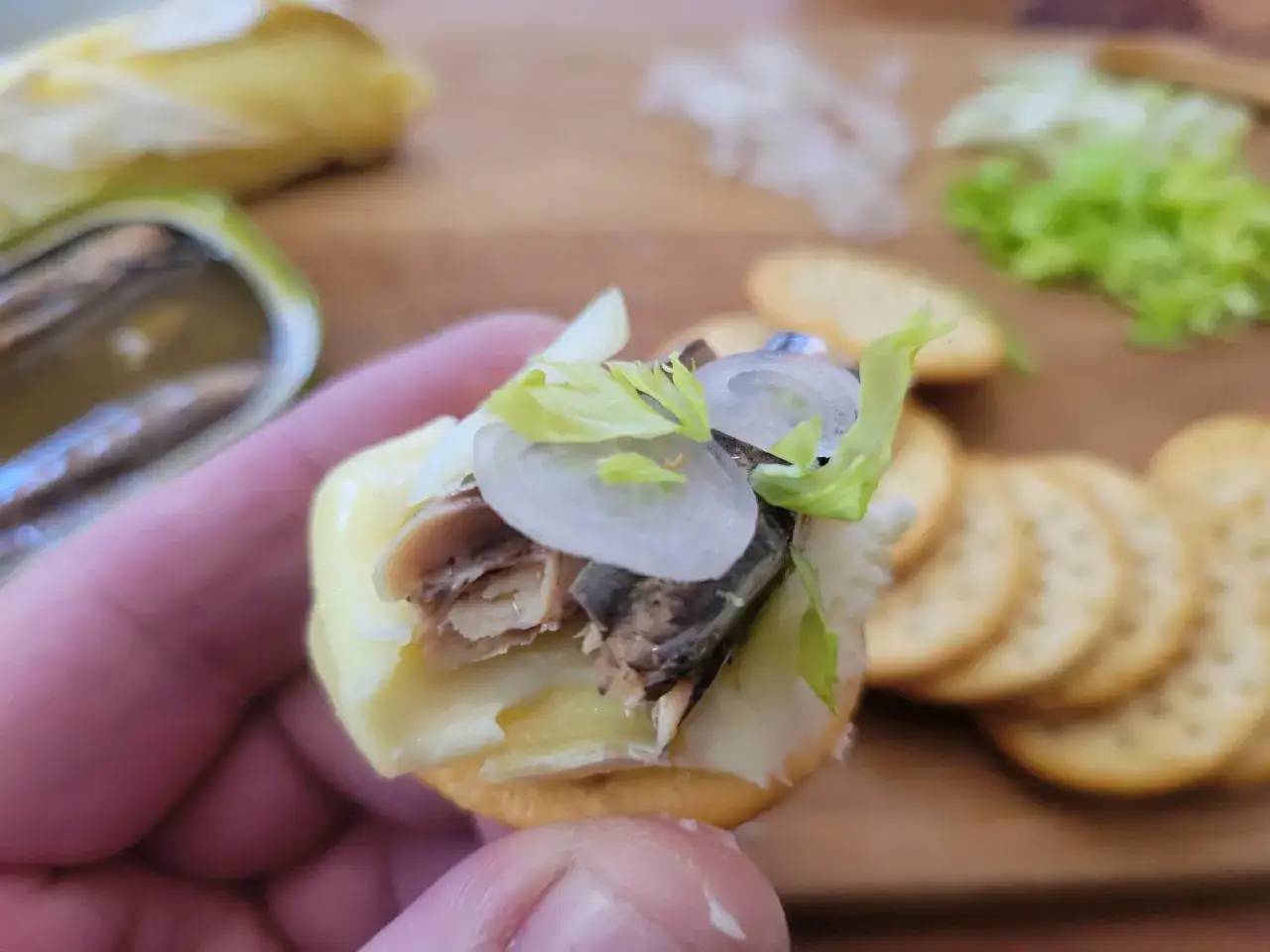 Une bouchée apéritive : une recette simple avec des anchois, du fromage, des oignons et de la salade sur un biscuit.