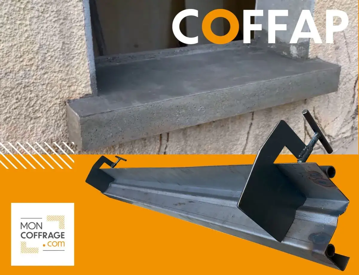 Plan coffrage appui de fen&ecirc;tre en b&eacute;ton fra&icirc;chement coul&eacute;, avec l'outil de coffrage en premier plan.