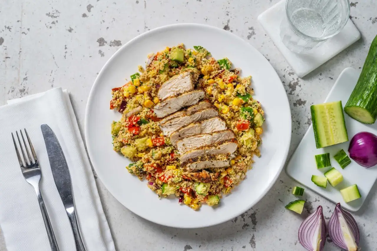 Salade de semoule color&eacute;e avec poulet grill&eacute;, ma&iuml;s, concombre et poivrons. Une recette semoule fra&icirc;che et savoureuse.