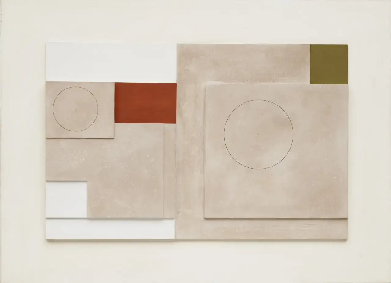 Abstract composition by Ben Nicholson, featuring layered geometric shapes in beige, white, red, and olive green, with subtle circular outlines.