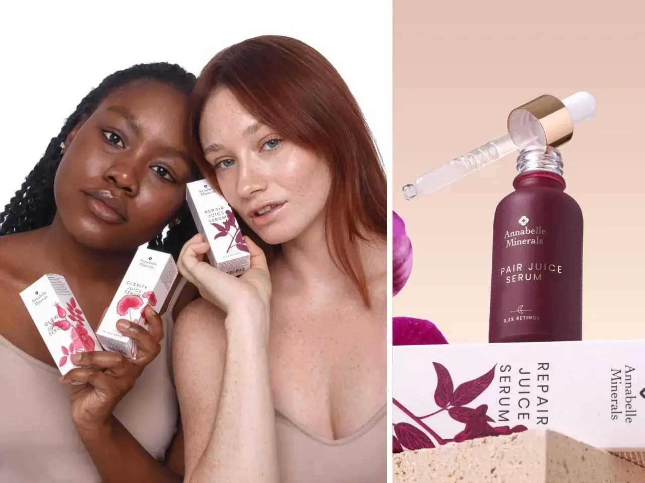 Dwie kobiety prezentują kosmetyki. Jedna z nich trzyma serum z 0,3% retinolem, odpowiadając na pytanie: retinol co to?