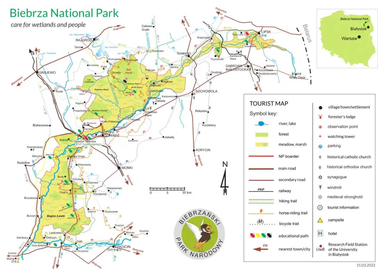 Mapa szlaku kajakowego Biebrzy z zaznaczonymi trasami i polami namiotowymi