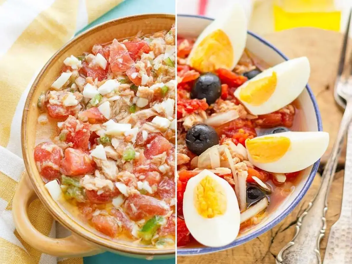 Dos deliciosos tipos de ensaladas: una de atún con tomate y huevo, y otra con aceitunas negras y huevo duro.