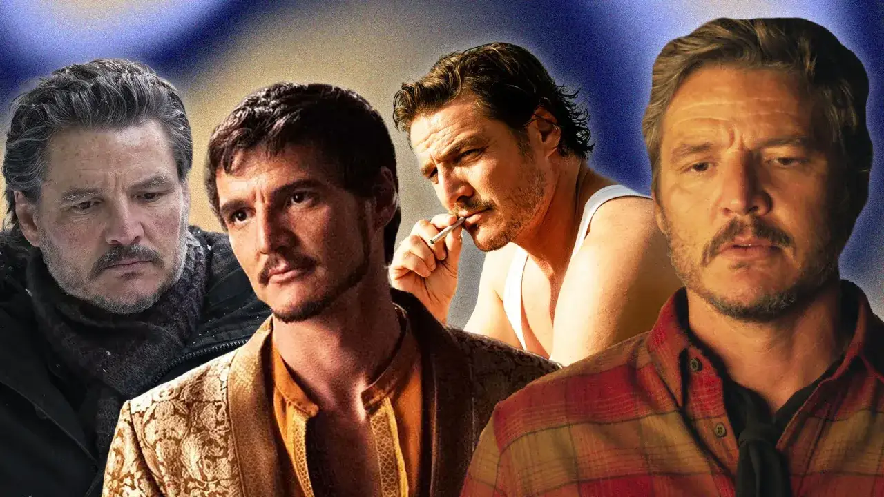 Pedro Pascal w różnych rolach z filmów, seriali i programów. Wizerunki aktora z różnych produkcji.