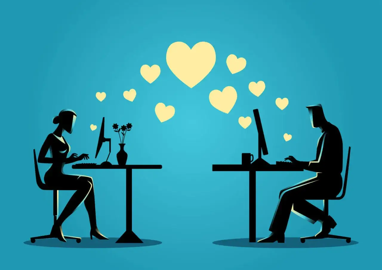 Twee silhouetten, een vrouw en een man, werken aan hun computer. Hartjes zweven tussen hen in, symbool voor een lat relatie die elkaar weinig ziet.