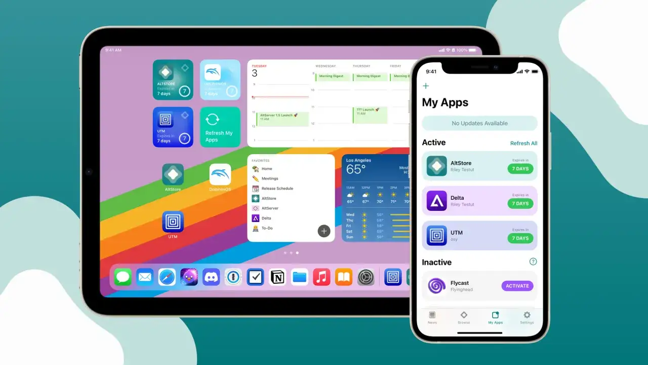 Sur un iPad et un iPhone, l'application AltStore affiche des applications actives comme AltStore, Delta et UTM, toutes expirant dans 7 jours.