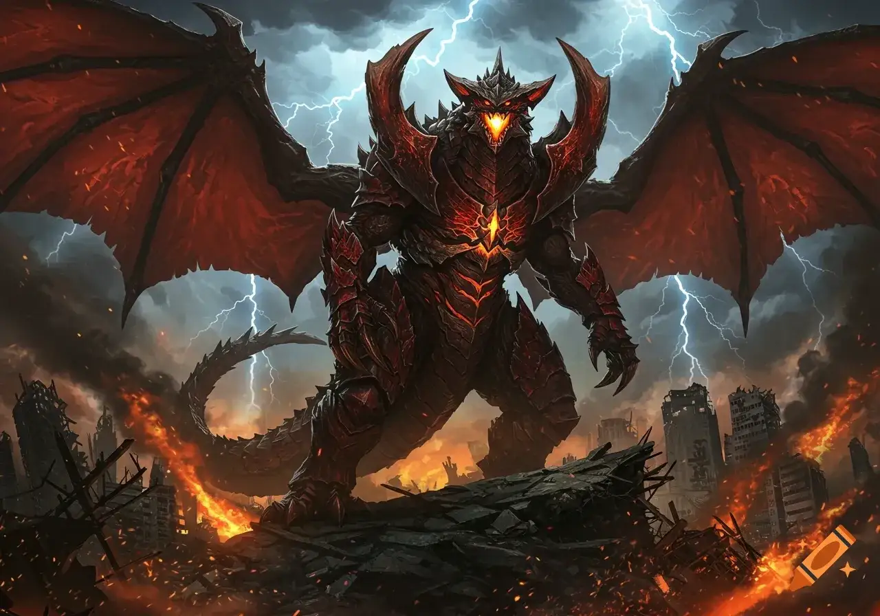 Un demonio alado de armadura roja y fuego emerge de ruinas apocalípticas bajo un cielo tormentoso, evocando la furia de Shin Megami Tensei V Vengeance.