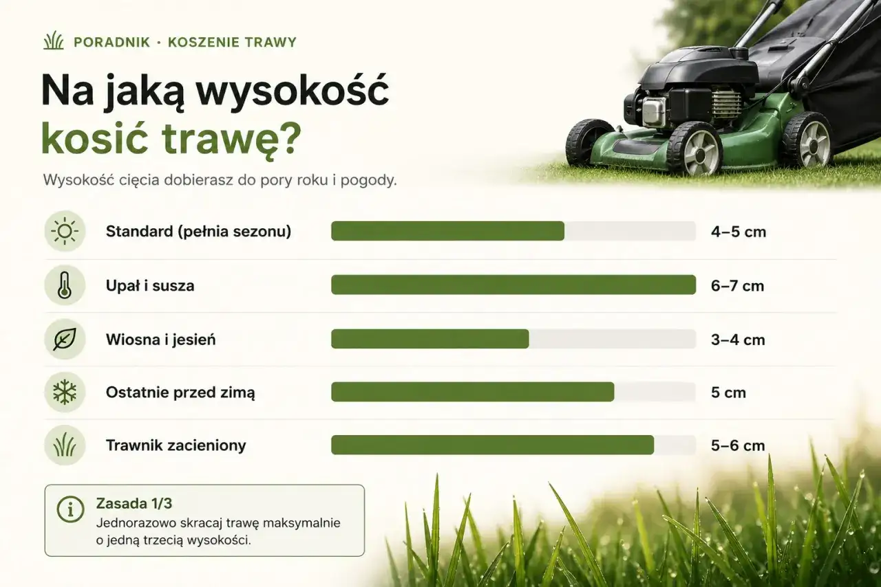 Poradnik koszenia trawy: jak dobrać wysokość cięcia do pory roku i pogody. Kosiarka na tle zielonej trawy.
