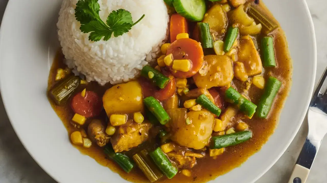 Un plat de riz au curry avec des légumes variés : pommes de terre, carottes, haricots verts, maïs et poulet. Une recette savoureuse et colorée.