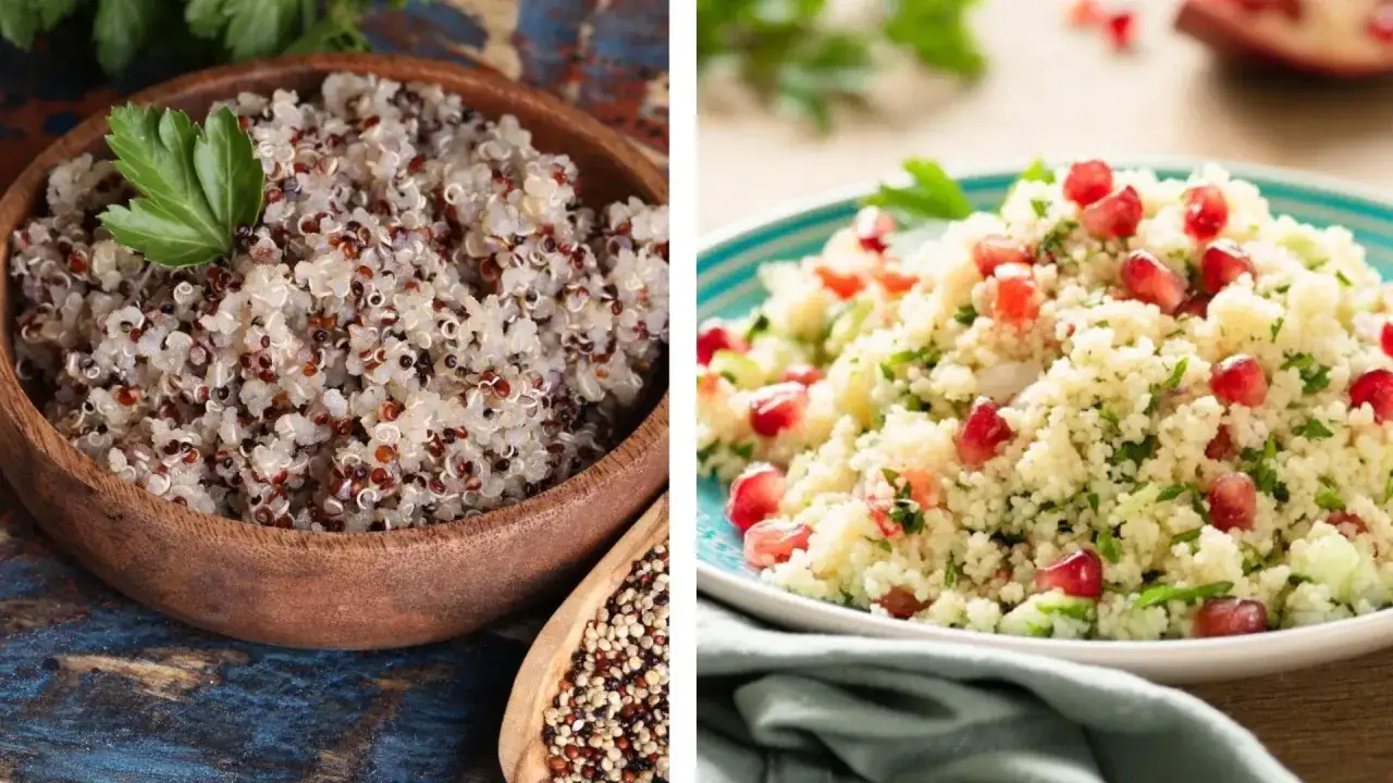 Links Quinoa in Holzschale, rechts Couscous mit Granatapfelkernen und Kräutern. Eine gesunde Wahl zwischen Couscous oder Reis.