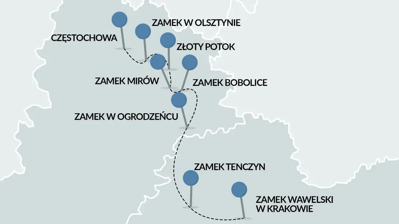 Mapa Szlaku Orlich Gniazd z zaznaczonymi zamkami. Idealne miejsce na noclegi podczas wycieczki rowerem.