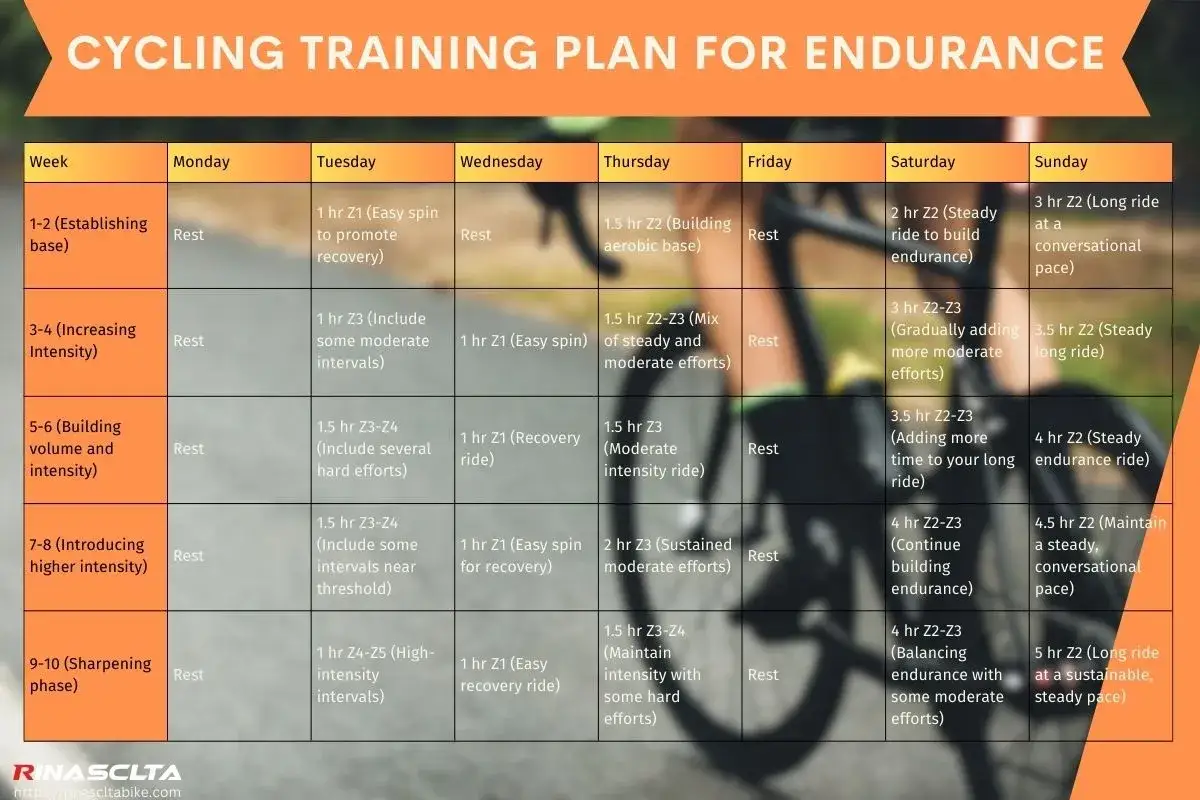 This cycling training plan for endurance outlines a 10-week program with daily workouts, including long rides and interval training.