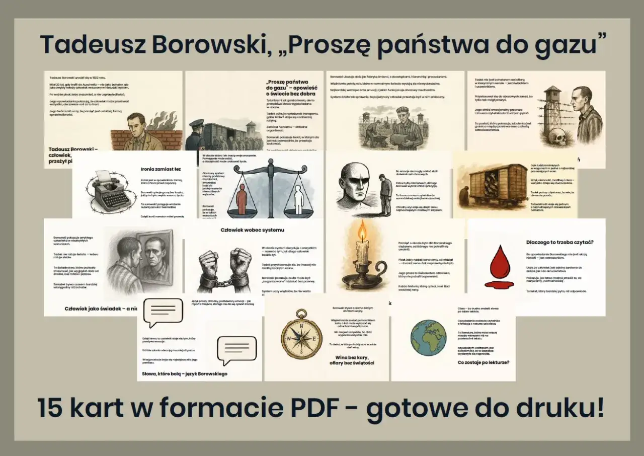 Tadeusz Borowski, „Proszę państwa do gazu” – grafika przedstawia cytaty i ilustracje z jego dzieł, ukazujące okrucieństwo obozów.