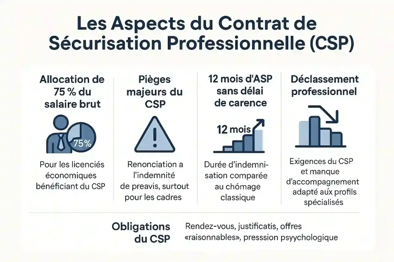 Infographie sur le CSP : allocation 75%, pièges majeurs (renonciation indemnité), 12 mois sans carence, déclassement professionnel. Attention aux obligations du CSP.