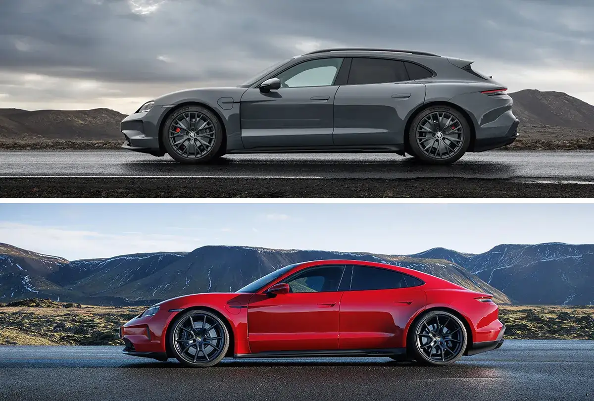 Dwa Porsche Taycan: szary Cross Turismo i czerwony sedan, prezentują się na tle surowych krajobrazów. Sprawdź porsche taycan cena.