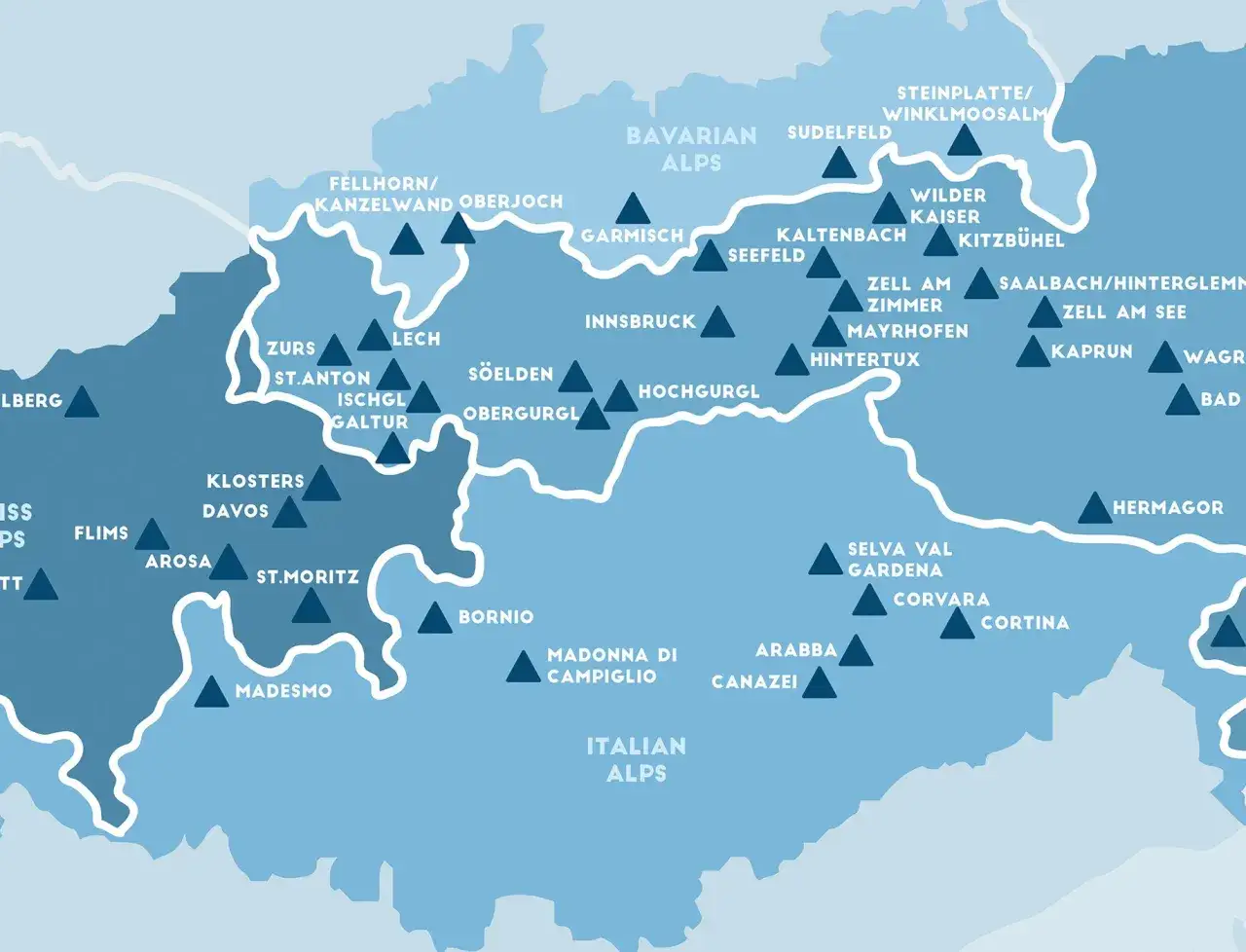 Mapa Alp z zaznaczonymi kurortami narciarskimi. Planujesz wyjazd do **Austria gdzie na narty**? Zobacz, gdzie warto się wybrać!