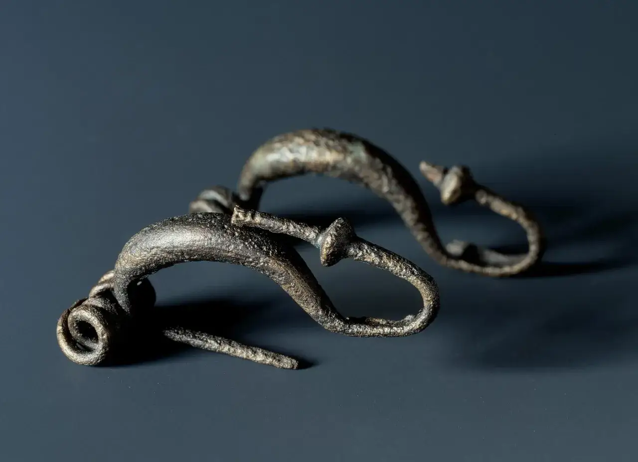 Zwei antike Bronzefibeln, die zeigen, was ist eine Fibel: ein antiker Schmuck zum Zusammenhalten von Kleidung.