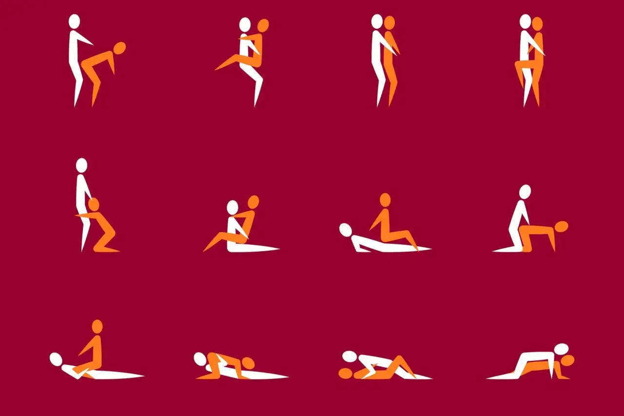 Douze silhouettes stylisées illustrent différentes positions sexuelles, explorant la diversité des interactions intimes. Chaque leuleu position est représentée avec simplicité.