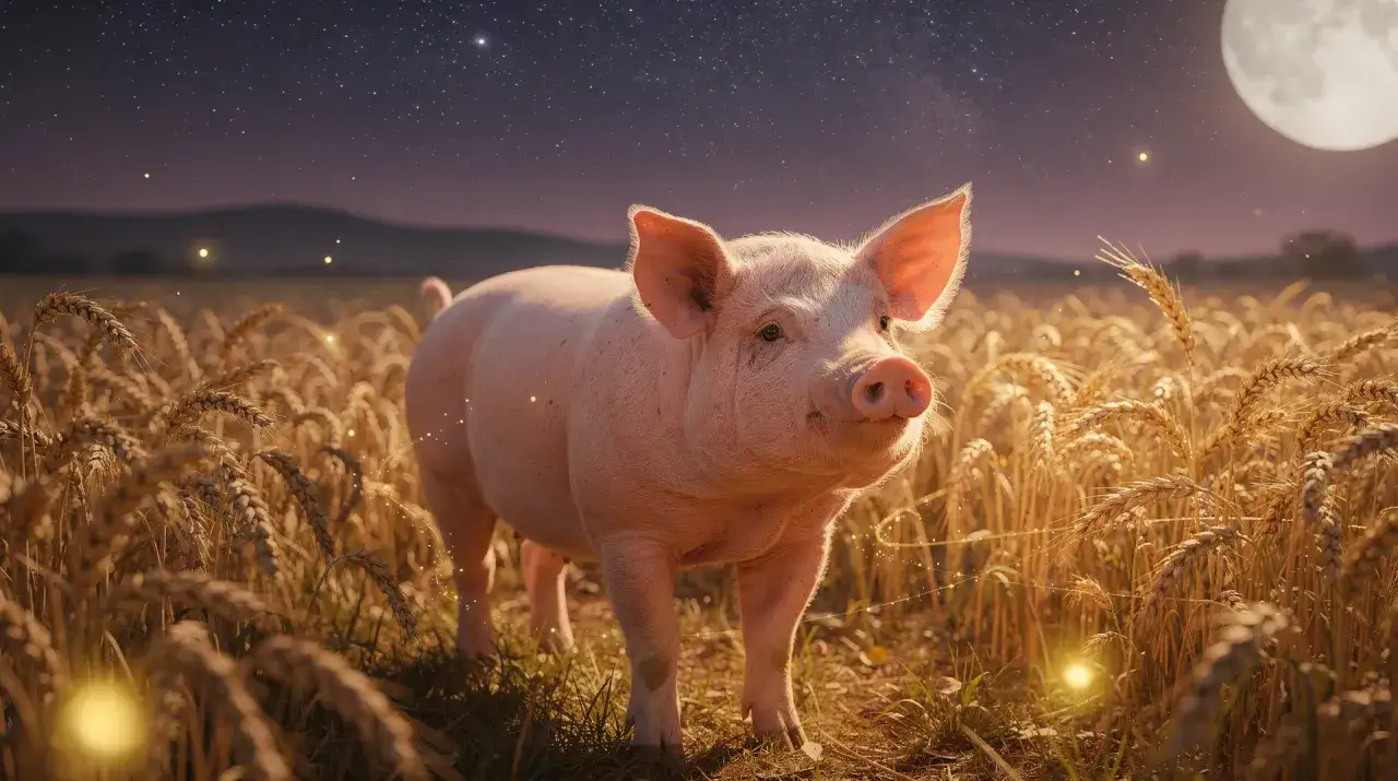 Un cerdo rosado se para en un campo de trigo bajo la luna llena y un cielo estrellado. Parece soñar con cerdos y aventuras mágicas.