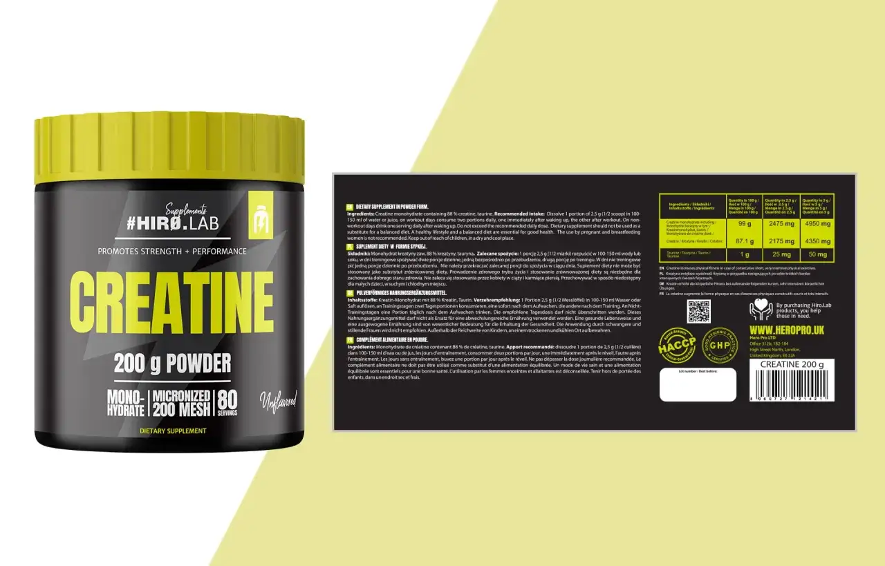 Kreatyna co daje? Suplement #HIRO.LAB PROMOTES STRENGTH + PERFORMANCE, 200g, monohydrat, 80 porcji.