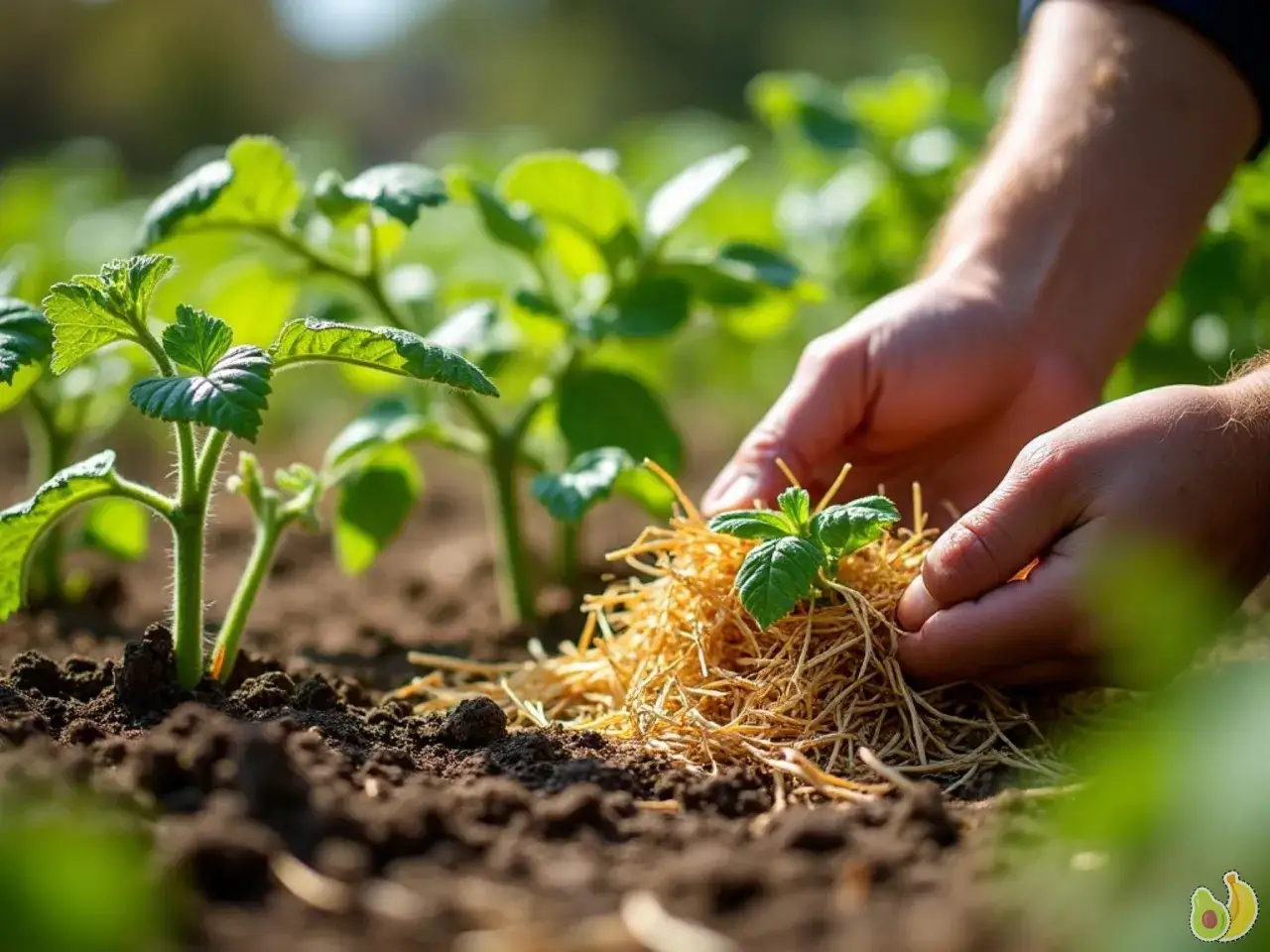 Des mains ajustent de la paille autour de jeunes pieds de poivrons, protégeant la terre fertile.