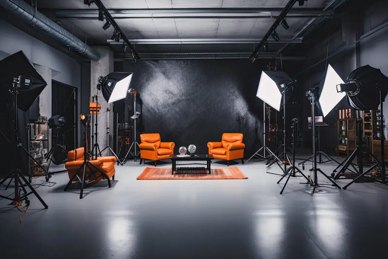 Studio fotograficzne z pomarańczowymi fotelami i stolikiem. Wokół rozmieszczone są lampy, co pokazuje, jak ustawić lampy w studio fotograficznym.