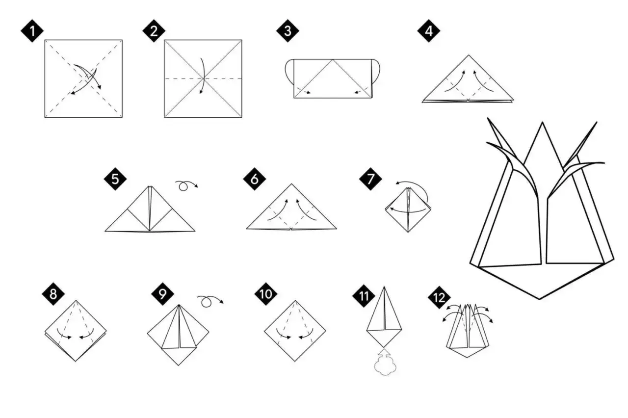 Instrukcja krok po kroku, jak zrobić tulipana z papieru. Origami krok 1-12.