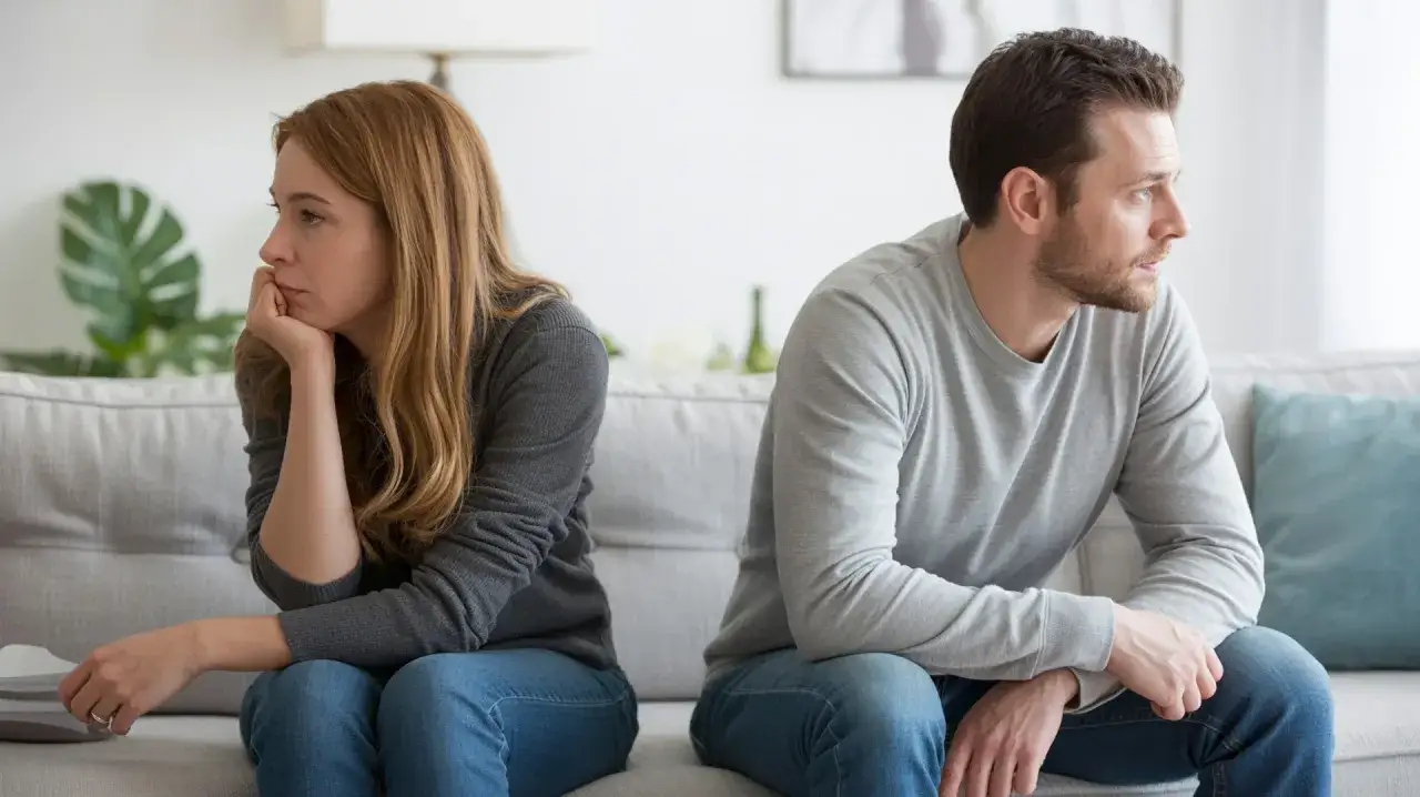 Ein Paar sitzt auf einer Couch, jeder in seine eigene Richtung blickend. Die Frau stützt ihren Kopf auf die Hand, der Mann starrt ins Leere. Es scheint, als gäbe es keine sexuelle Anziehung mehr zum Partner.